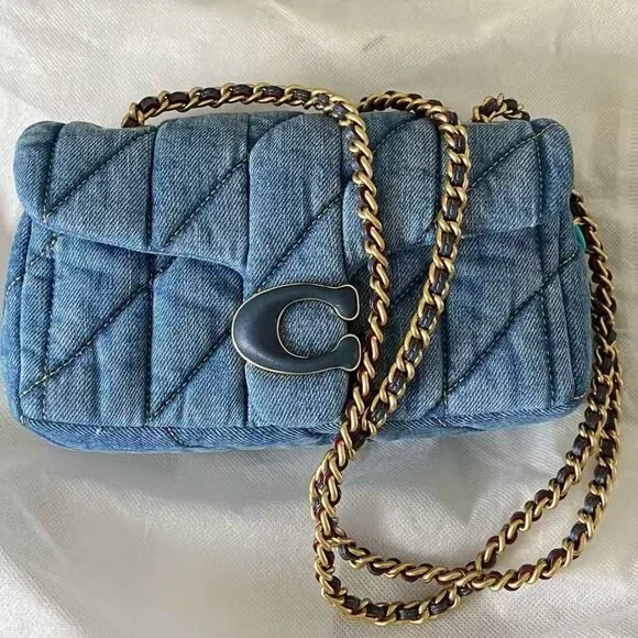 COACH Tabby Quilted Gold Logo Chain Denim Shoulder Bag - Picture 1 of 5